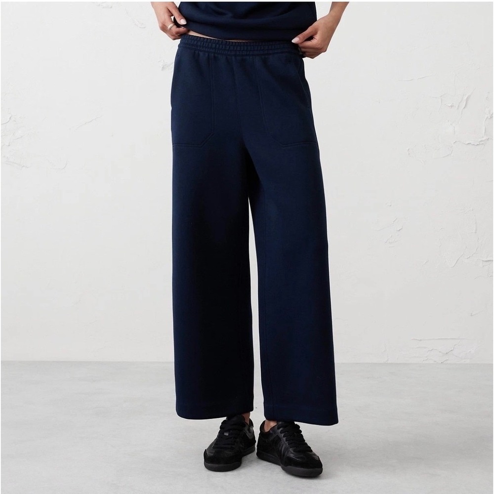 Lot of 2 Banana Republic HR Knit Scuba Wide Leg Pants Preppy Navy & Black Size L